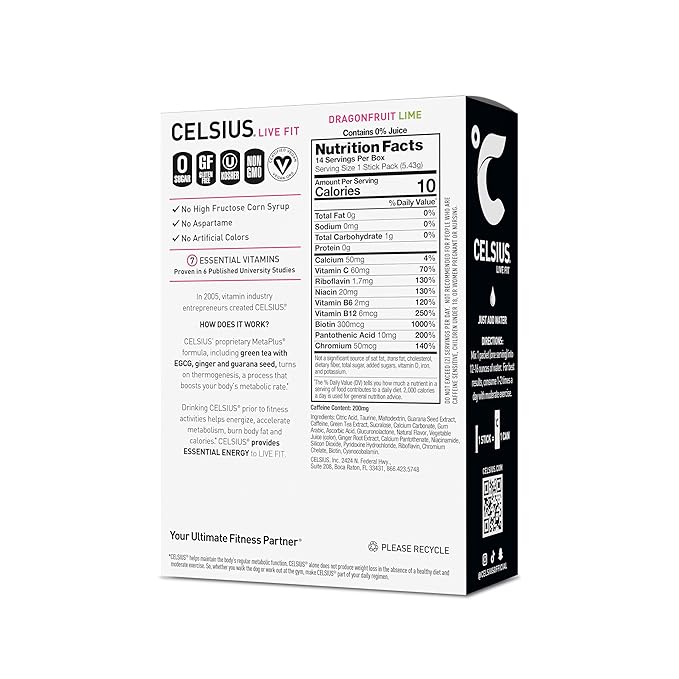 CELSIUS® On-The-Go Powder Sticks Dragonfruit Lime, Essential Energy 2.8 Oz