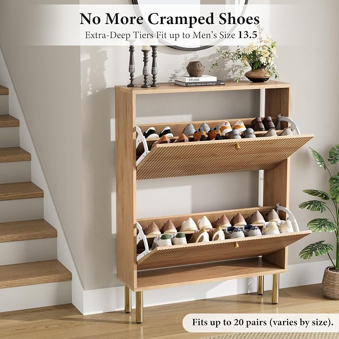 Nicetree Shoe Storage Cabinet for Entryway - Flip Shoe Cabinet with Tiered Fluted Design - Slim Shoe Storage Rack with Gold Legs - Narrow Shoe Cabinet Hidden Shoe Organizer for Small Spaces
