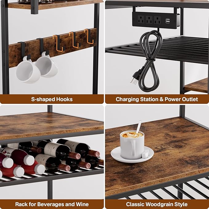 Portin Kitchen Shelf Bakers Rack with Power Outlet, Mini Fridge and Microwave Stand Coffee Bar Table with S-Hooks, Storage Shelf Rack for Spices, Pots and Pans - Rustic Brown