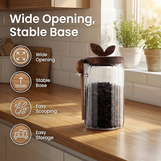 Glass Coffee Canister with Wooden Lid & Spoon, Airtight Food Storage Jar for Coffee, Sugar, Salt, Tea & Snacks (17floz x 2)