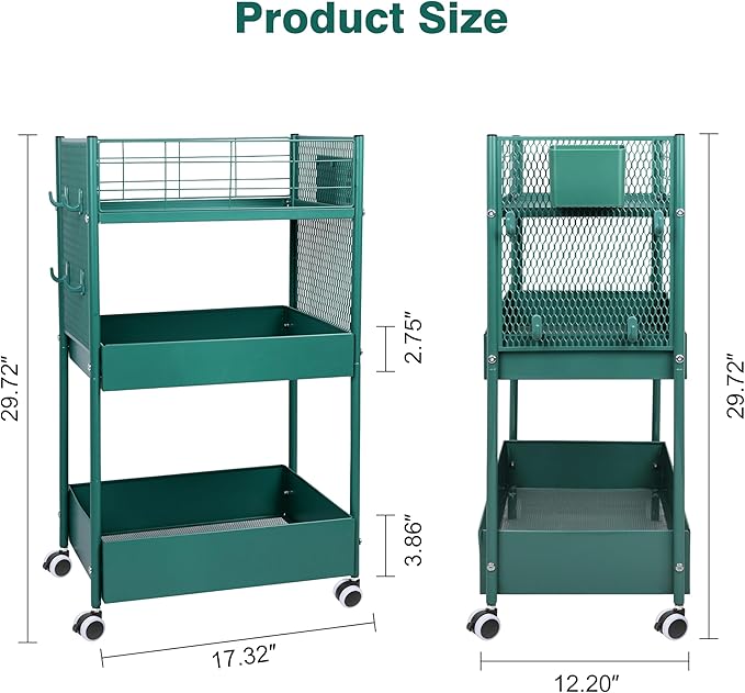 3-Tier Rolling Storage Cart Metal Utility Cart with Wheels, Office Organizer with Hanging Cups, Hooks, Book Snack Craft Mobile Shelving Unit for Office Kitchen Nursery