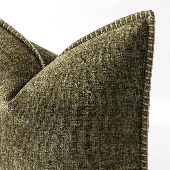 MIULEE Pack of 2 Couch Throw Pillow Covers 20x20 Inch Olive Green Farmhouse Decorative Pillow Covers with Stitched Edge Soft Chenille Solid Dyed Pillow Covers for Sofa Bed Living Room
