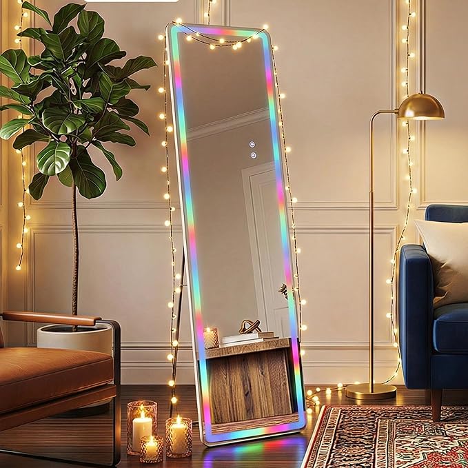 VooBang 64"x21" RGB LED Full Length Mirror, Floor Body Dressing Mirror with RGB Color Changing Lights, Standing Leaning Wall Mounted for Bedroom, Living Room