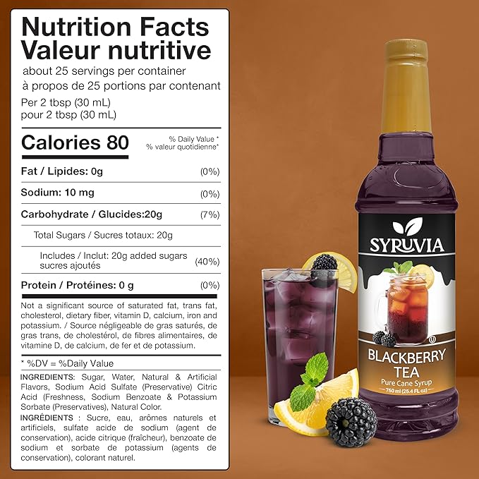 Syruvia Blackberry Tea Flavored Syrup for Drinks, Cocktails, Lemonades, Iced Teas and Desserts – 25.4 fl oz