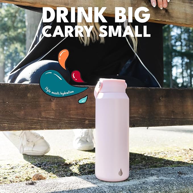 Elemental 40oz Insulated Water Bottle with Straw - 100% Leak-Proof Stainless Steel Core Water Bottles for Travel, Sports and Gym - Double Wall Insulation & BPA Free - Blush Pink
