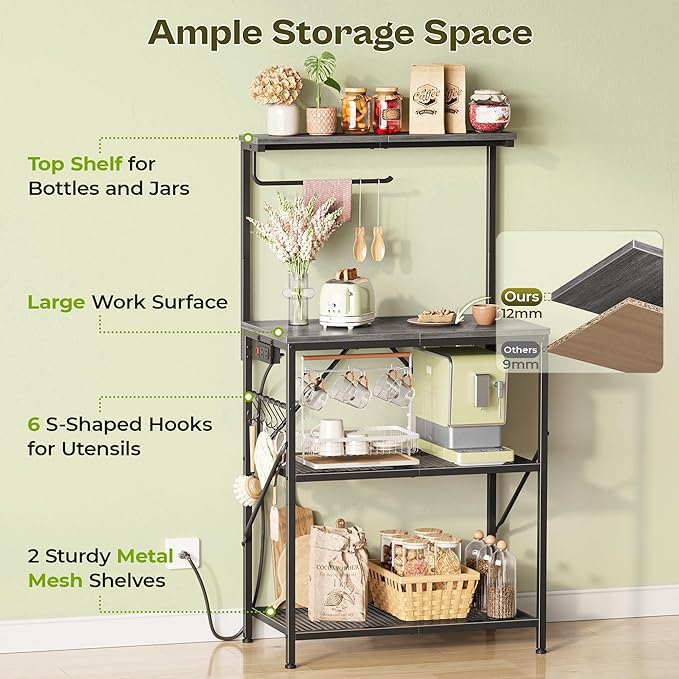 Huuger 4-Tier Bakers Rack with Reversible Power Outlet, 23.6 Inch Microwave Stand, Kitchen Coffee Bar, with Top Shelf, 6 S Hooks, Grey