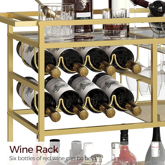 Bar Cart for Home, 3-Tier Serving Cart with Wheels and Handle, Beverage Cart with Wine Rack and Glass Holders, Rolling Wine Cart for Kitchen, Dining Room, Gold RCGD81B01