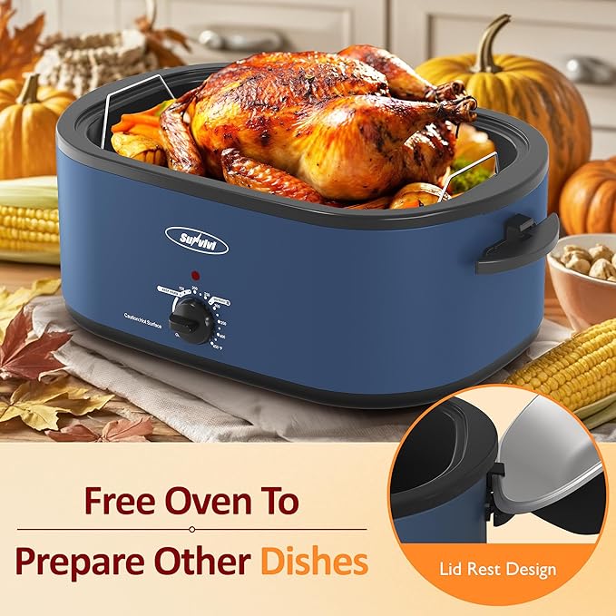 Sunvivi Roaster Oven, 24 Quart Electric Roaster Oven with Glass Lid, Turkey Roaster Buffet with Self-Basting Lid, Removable Pan, Cool-Touch Handles, Dark Blue
