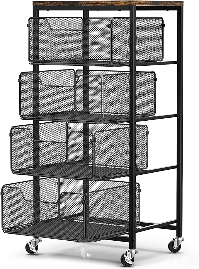 Rolling Cart with Drawers, 4-Tier Utility Cart Storage Organizer with Lockable Wheels, Metal Craft Storage Cart with Wooden Top for Kitchen, Bathroom, School, Studio, Office, Bedroom, Black