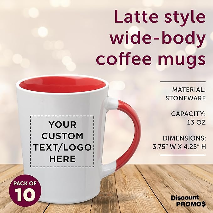 Custom Ceramic Latte Coffee Mugs by Albany 13 oz. Set of 10, Personalized Bulk Pack - Perfect for Coffee, Tea, Espresso, Hot Cocoa, Other Beverages - Red