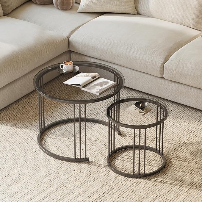 Garden 4 you Nesting Coffee Table, 23.6" Round Coffee Table Set of 2, Glass Nesting Table with Metal Frame, Ceter Tables for Living Room Bedroom Balcony, Grey