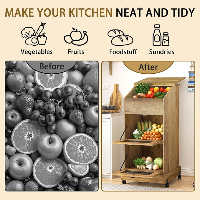Potato and Onion Storage Bin with Wheels, 3 Tier Wooden Potato Storage Cabinets with Mesh Doors, Farmhouse Movable Fruit and Vegetable Box, Wood Bread Box for Kitchen (Brown)