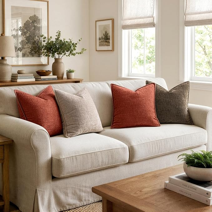 MIULEE Pack of 2 Couch Throw Pillow Covers 18x18 Inch Taupe Farmhouse Decorative Pillow Covers with Stitched Edge Tan Soft Chenille Solid Dyed Pillow Covers for Sofa Bed Living Room