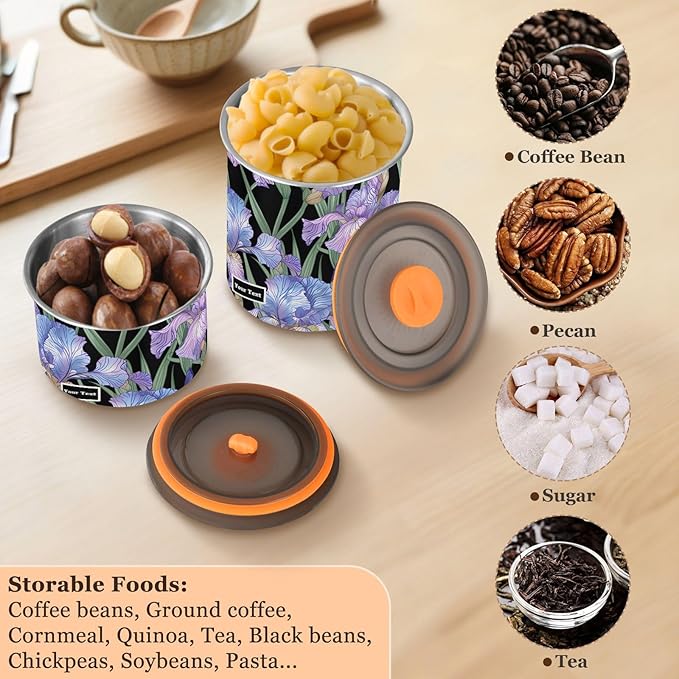 ALAZA Purple Iris Flowers Floral Kitten Cats Airtight Coffee Bean Canister Customed 900ml Food Storage Containers with Lids For Gournd, Tea, Sugar, Flour, Rice, Cereal, Candy Cookie Jar