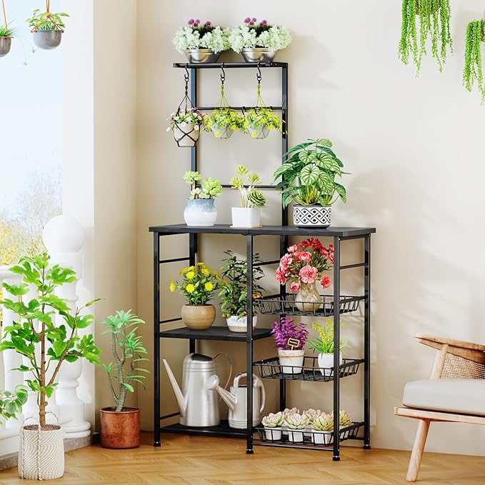 SWTYMIKI Bakers Rack with Storage - Coffee Bar Cabinet with Shelves, Coffee Station Organizer and Kitchen Stand with 8 Hooks, Baskets, Adjustable Feet for Kitchen Dining Room Pantry, Black