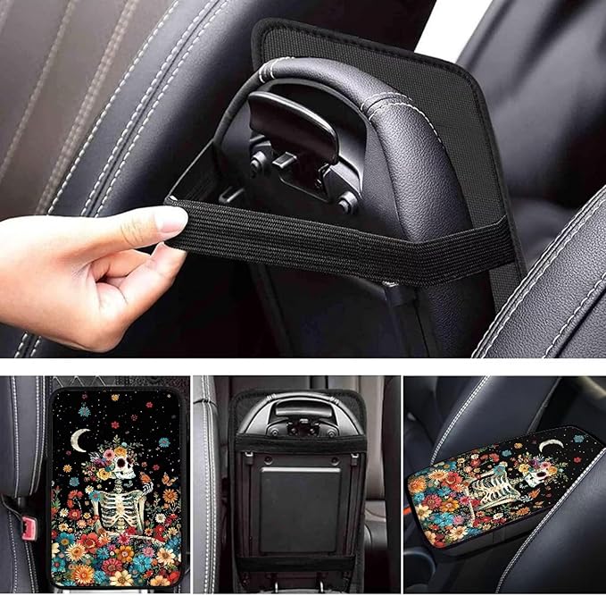Floral Skull Car Center Console Cushion Pad for Women Gothic Skeleton Armrest Seat Box Cover Dustproof Auto Armrest Cover Protector Sugar Skeleton Cars Interior Accessories