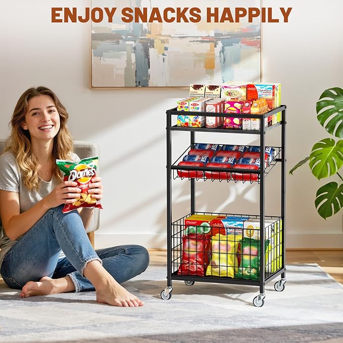 Fruit Vegetable Cart, 3-Tier Snack Kitchen Cart on Wheels & Wood Top, Utility Shelf Rack Organizer for Fruit, Vegetables, Potato, Snack, Black