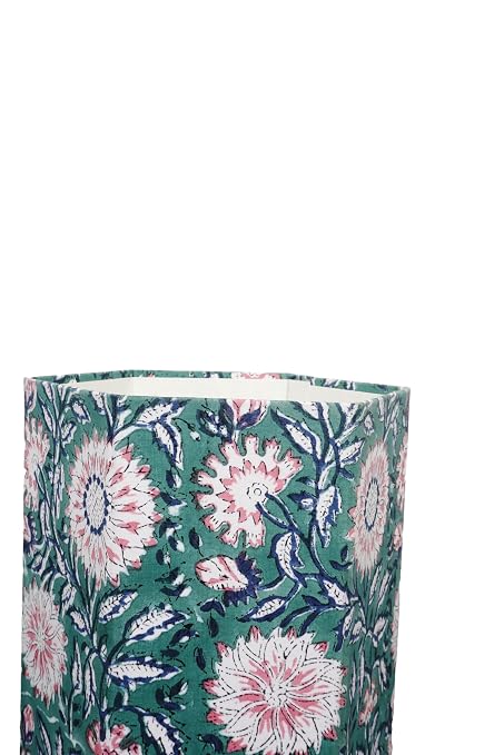 3.3 Gallon Cotton Hand Block Printed Paper Waste Basket |Small Decorative Trash Can for Housewarming Gifts in Living Room, Bedroom, Bathroom | Eco-Friendly, Plastic-Free (1, Green Pink FLOWAR)