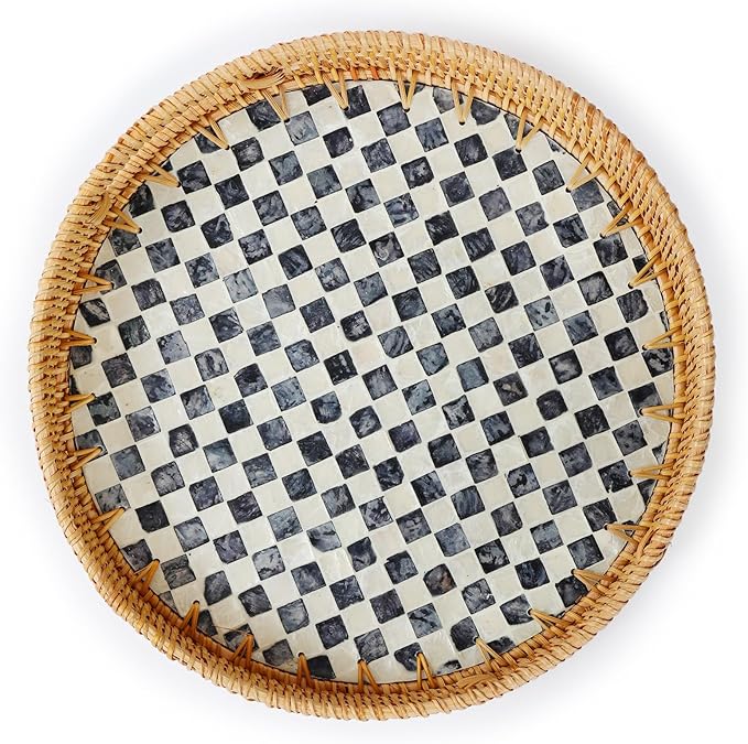 YANGQIHOME Round Rattan Tray with Handle, Mother of Pearl Inlay Decorative Wicker Basket for Coffee, Bread, Fruits, Serving Tray for Home Decor, Checkerboard