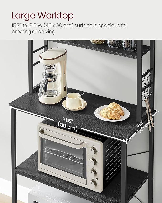 VASAGLE Coffee Bar, 31.5 Inches Baker's Rack for Kitchen with Storage, 6-Tier Kitchen Shelves with 6 Hooks, Microwave Stand, Industrial, Charcoal Gray and Ink Black UKKS019B22