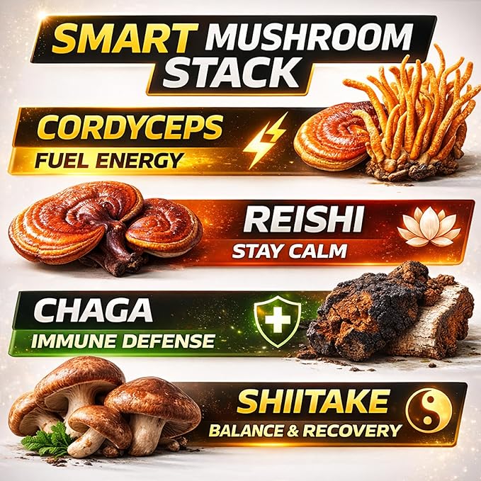 Instant Mushroom Powder 10:1 – Cordyceps Mushroom Supplement with Reishi, Chaga & Shiitake – Caffeine-Free Nighttime Drink with B6, B12, D + Probiotics Mushroom Cacao Organic Blend (No Sweetener)