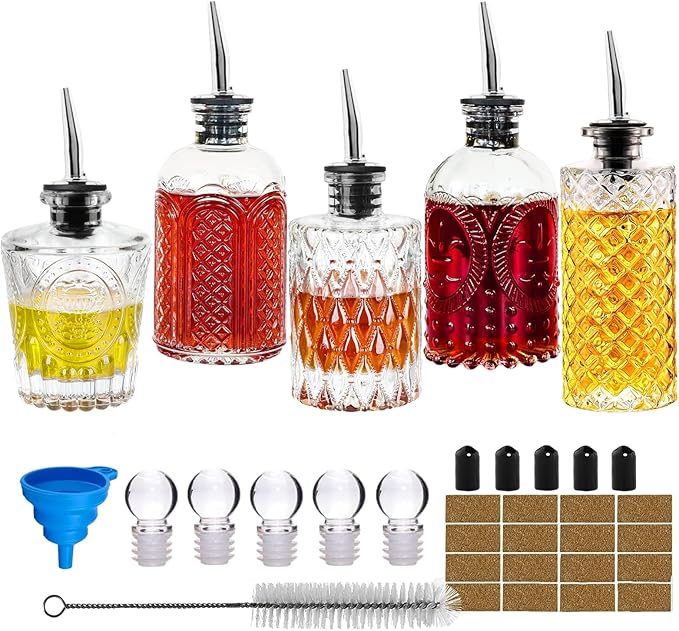 Syrup Dispenser Bottles Set - 5 Pack Simple Syrup Bottles with Metal Pour Spout and Dust Caps,For Syrups,Honey,Olive Oil,Condiments,Syrup Dispenser for Coffee Bar with Labels