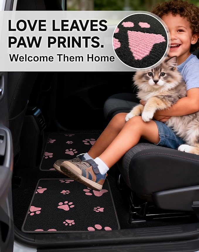 Cute Embroidered Dog Paw Car Floor Mats for Pet Lovers, Universal Fit All Weather Car Mats with Anti-Slip Nibbs Backing, Carpet Floor Mats for Cars, Trucks & Sedans, Full Set of 4 (Pink Paw)