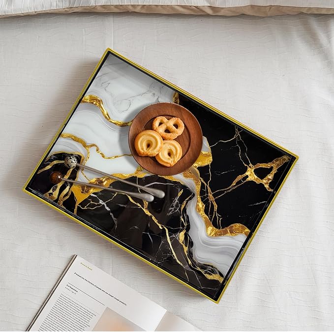 Serving Tray with Handles, 15.7 * 11.8 inches, Plastic Ottoman Tray with Exquisite Paintings, Trays for Coffee Table
