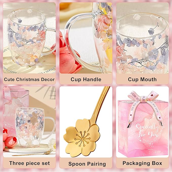 Gifts for Women Dried Flowers Double Wall Glass Coffee Mugs Cute Glass Tea Cups with Handles Christmas Birthday Gifts for Best Friend Teacher Mum Gift New Home Gift Ideas Autumn Mug Home Decor