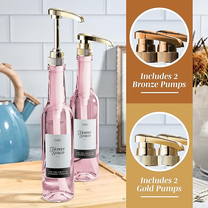 COOK WITH COLOR Glass Coffee Syrup Dispenser with Pump- Set of 2 Syrup Bottles for Coffee Bar, Decorative 350 ML Bottle with Ceramic Holder, Funnel, Labels and Extra Pumps, Pink
