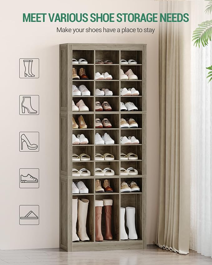 Hzuaneri Shoe Storage Cabinet, 36 Pairs Free Standing Closet Organizer, 8.8 inch Widened Cell Wood Shoe Organizer, 12 Tiers Vertical Space Saving Shoe Rack for Entryway, Cloakroom, Greige SR20705B
