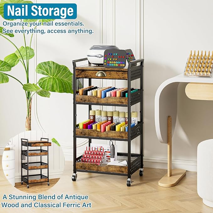 Rolling Cart Organizer with Removable Drawer, 4-Tier Art and Craft Storage Cart, Nail Makeup Organizer, Metal Utility Cart with Wheels for Kitchen Bathroom Essentials, Coffee Supplies, Snack