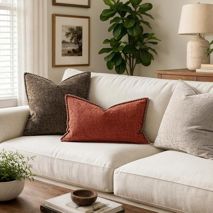 MIULEE Pack of 2 Fall Lumbar Throw Pillow Covers 12x20 Inch Burnt Orange Farmhouse Decorative Pillow Covers with Stitched Edge Soft Chenille Solid Dyed Pillow Covers for Couch Sofa Bed Living Room