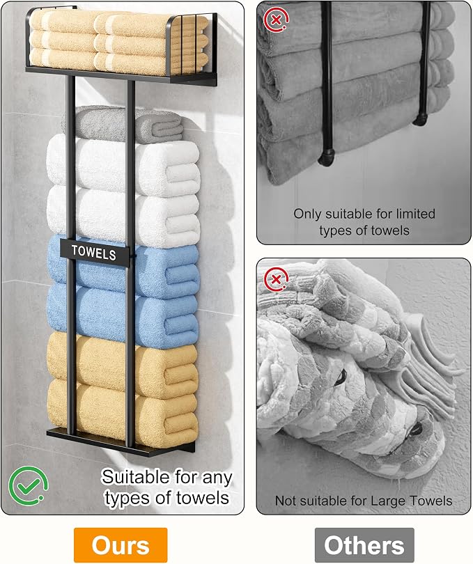 KIMBORA Towel Racks for Bathroom with Top Towel Shelf Hold 8 Large Rolled Towels, 36" Wall Mounted Bathroom Towel Storage Organizer for Small Bathroom, Camper, Rv (Black)