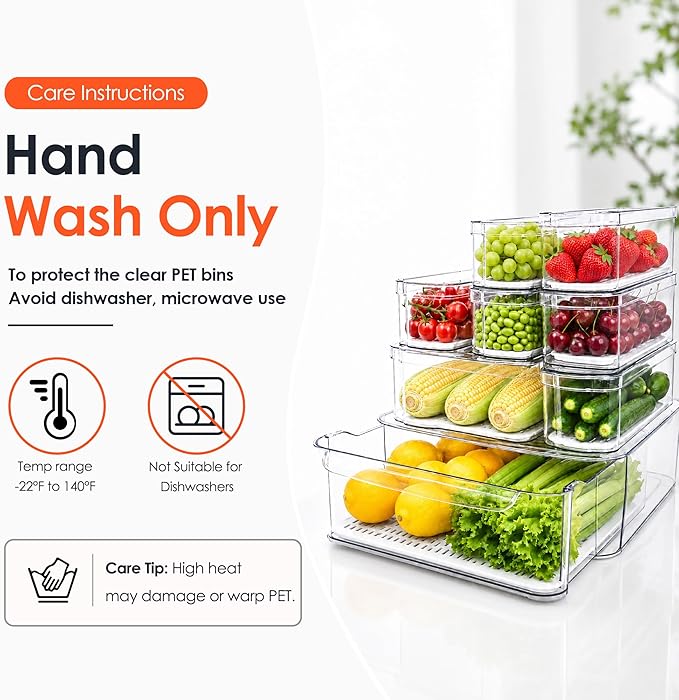 SMRCAD Refrigerator Organizers and Storage, 8 Pack with 1 Pull-Out Drawer and 7 Lidded Bins, Fruit Storage Containers for Fridge with Drain Trays, Helps Keep Produce Fresh