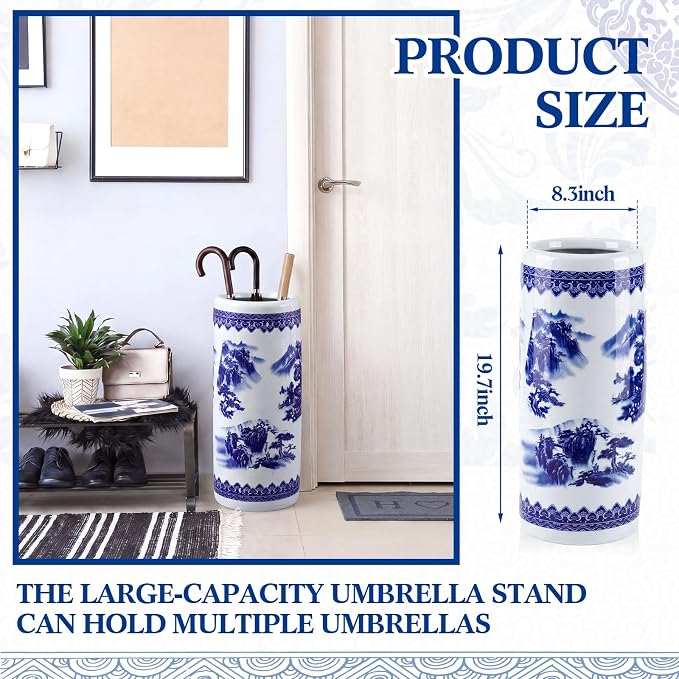 Sawysine Blue and White Ceramic Umbrella Stand, Floral Design Floor Vase for Entryway Indoor Decorative, 19.7" Heavy Porcelain Holder for Umbrellas Canes Home Decor(19.7 Inch,Landscape)