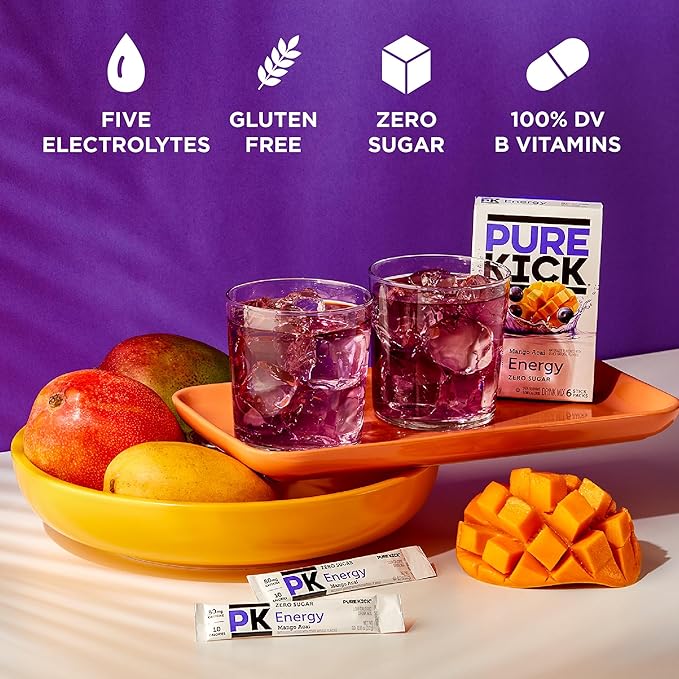 Pure Kick Energy Singles To Go Drink Mix, Mango Acai, Includes 12 Boxes with 6 Packets in each Box, 72 Total Packets