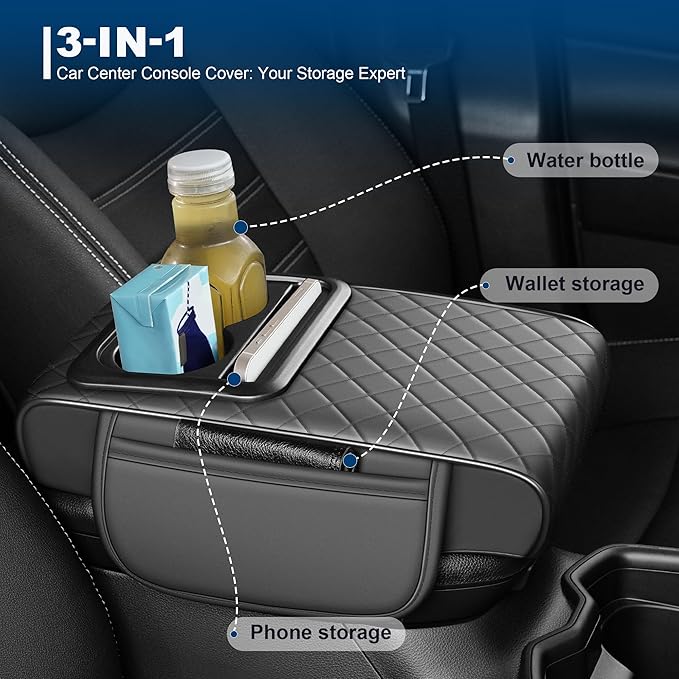 Car Center Console Cover Fit for Volkswagen Atlas Faux Leather Auto Armrest Box Cover with Cup Holder & Phone Holder Waterproof Leather Armrest Protector Cushion(Grey)