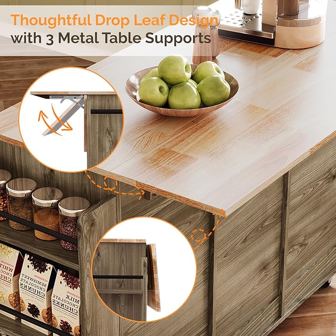 VINGLI Kitchen Island with Storage, 52" Rolling Kitchen Cart with 3 Drawers & Shelves, Drop Leaf Design, Mobile Island with Barn Doors, Towel & Spice Rack for Kitchen & Dining, Grey Brown Oak