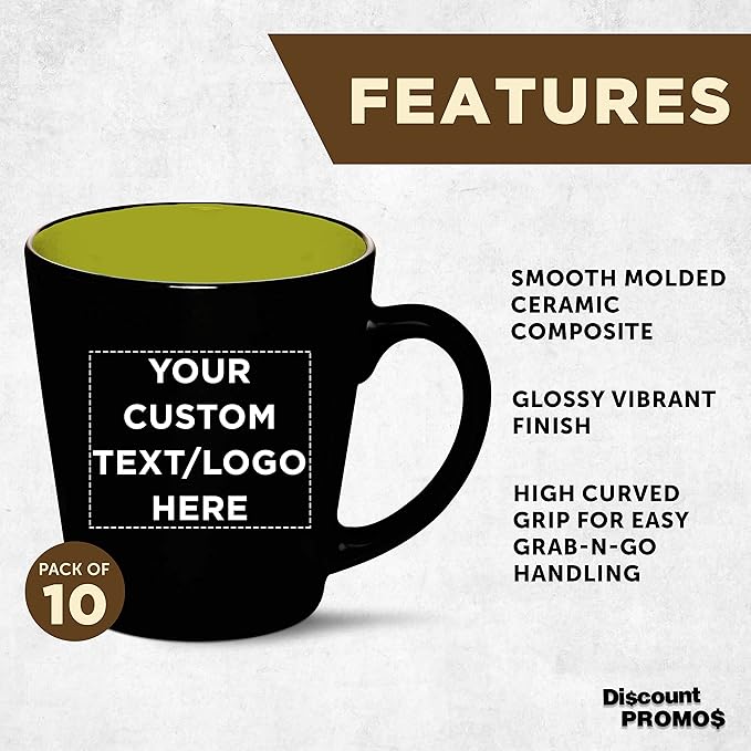 Custom Ceramic Coffee Latte Mugs 12 oz. Set of 10, Personalized Bulk Pack - Perfect for Coffee, Tea, Espresso, Hot Cocoa, Other Beverages - Lime Green