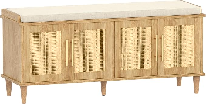 Akxomel Rattan Shoe Storage Bench with Cushion, 2-Tier Entryway Bench with Adjustable Shelves and 4 Doors, 15" D x 47.2" W x 20" H, Solid Wood Legs, for Hallway, Living Room, Bedroom, Natural Oak