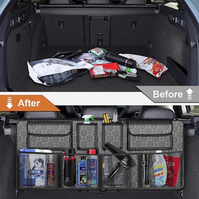 Car Trunk Organizer, Super Capacity Backseat Car Organizer for SUV/Truck/MPV(42"*18"), Hanging Car Storage Organizer with 8 Pocekts, Car Accessories for Women and Men- Grey