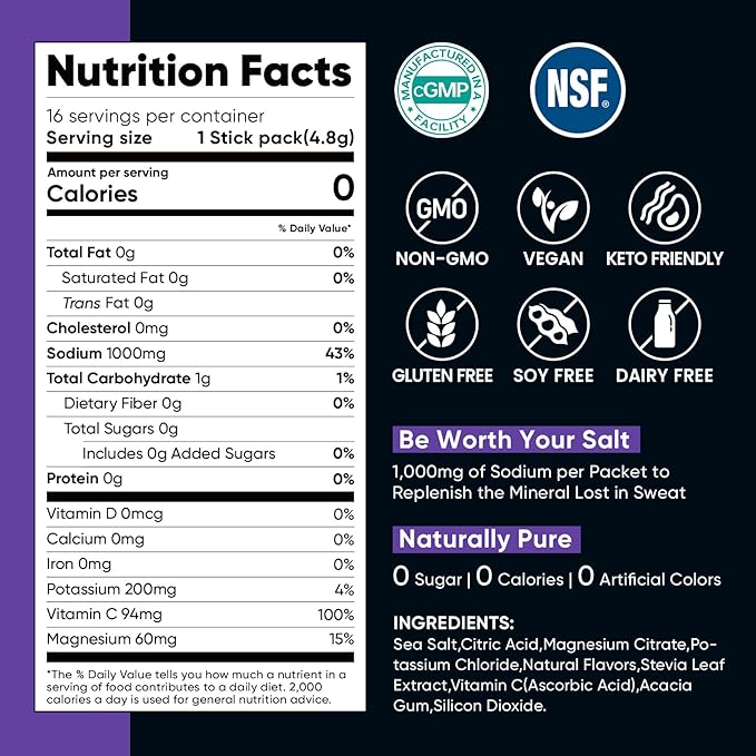 Venture Pal High Sodium Electrolyte Powder Packets | Sugar Free Hydration Drink Mix with Sodium, Potassium, Magnesium & Vitamins | Zero Calorie | Keto, Vegan & Paleo Friendly | 30 Sticks