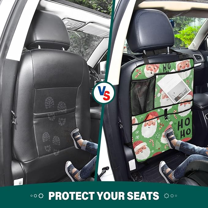 1 Pack Back Seat Car Organizer with Storage Pockets Kick Mats Back Seat Protector Hanging Car Organizer Automotive Seat Back Cover Organizers Bright Green Christmas Santa Claus