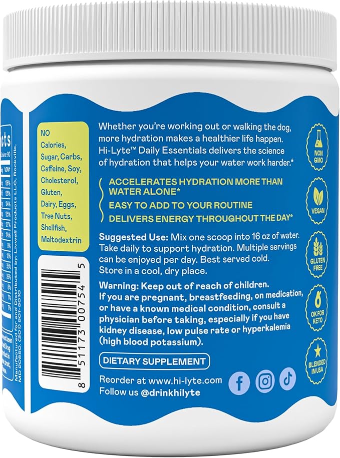 Hi-Lyte Daily Essentials - Electrolytes Powder Mix - Lime Cucumber Mint - Sodium, Potassium, Magnesium, Vitamins - Hydration Support for Fasting - No Sugar, No Carbs, Clean Ingredients