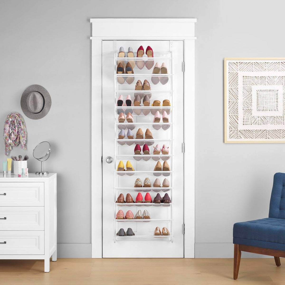 Whitmor 36 Pair Over The Door Shoe Organizer, 12 Tier Hanging Shoe Organizer, Heavy Duty Metal & Mesh Shoe Holder, Hanging Shoe Rack for Closet Organizer & Storage, 69"L x 21.7"W x 7.5"H, White