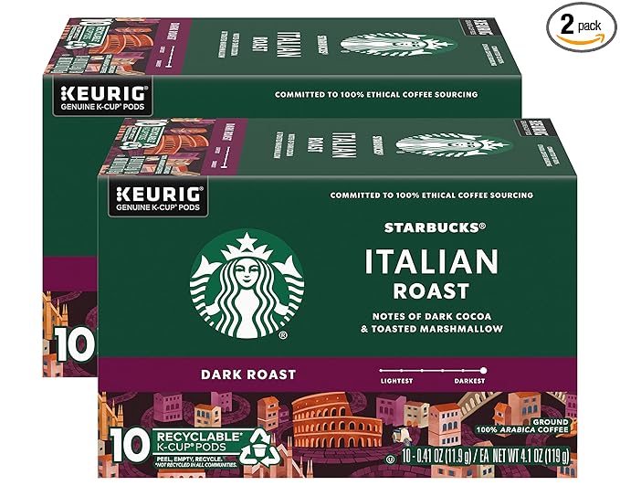 Starbucks Coffee K-Cup Pods, Italian Roast Coffee, Dark Roast, 100% Ground Arabica Coffee, Keurig Genuine K-Cup Pods, 10 CT K-Cups Per Box (Pack of 2 Boxes)