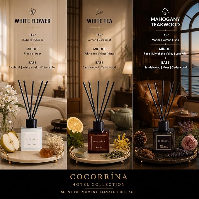 COCORRÍNA Hotel Collection Reed Diffuser Set, 1.7 fl oz Trio, Mahogany Teakwood, White Flower & White Tea, Home Fragrance for Bathroom, Bedroom, Entryway & Office
