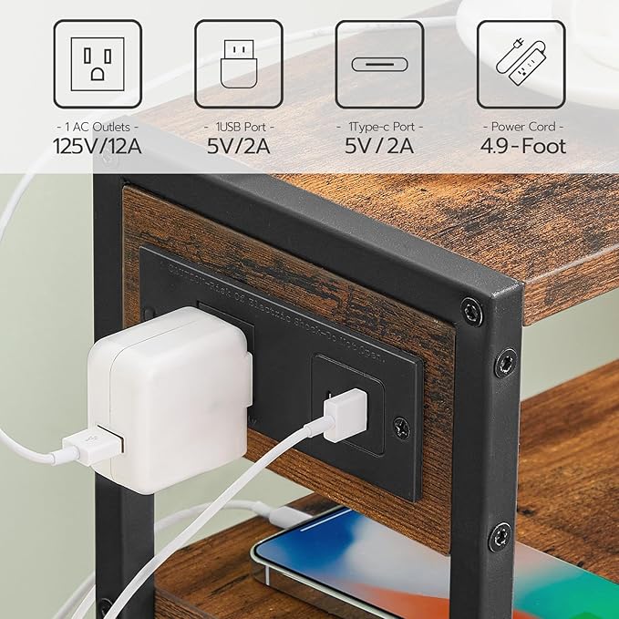 HOOBRO Small Narrow Side Table with Charging Station Set of 2, Skinny End Table for Small Spaces, Slim Nightstand with USB Ports Outlet, Sofa Beside Table with Storage Shelf BF102UBZP201
