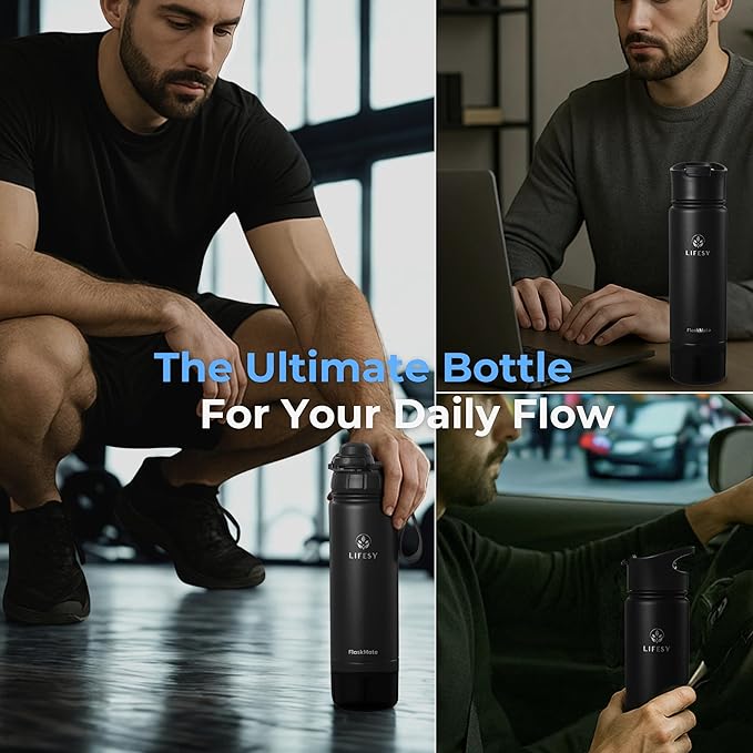 Coffee & Cold Brew Travel Bottle – 18oz Insulated Flask with French Press-Style Brewing, Hidden Storage & Dual Lids – For Hot & Cold Drinks – FLASKMATE All-in-One System (Midnight Black)